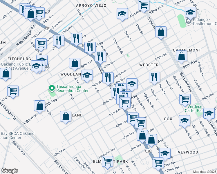 map of restaurants, bars, coffee shops, grocery stores, and more near 8701 International Boulevard in Oakland