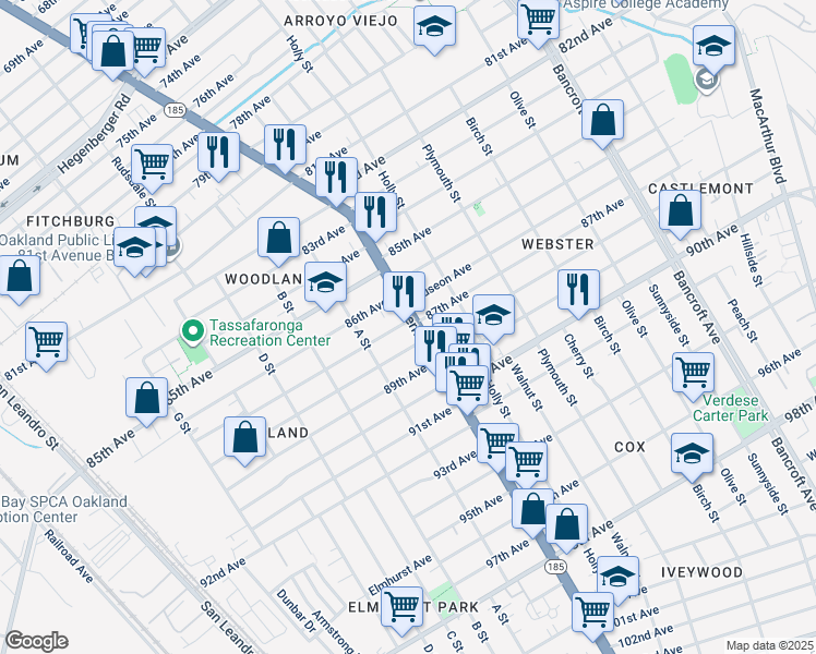 map of restaurants, bars, coffee shops, grocery stores, and more near 8701 International Boulevard in Oakland