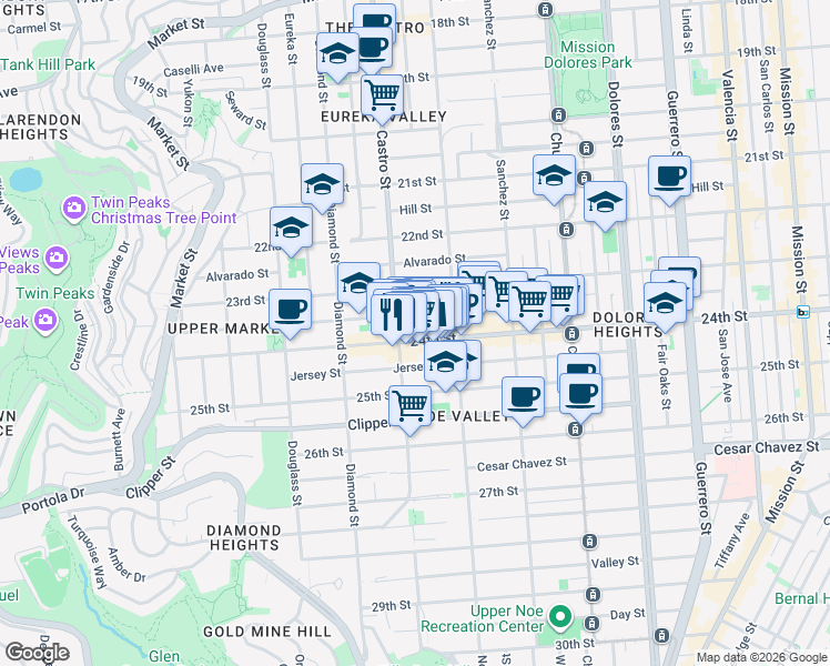 map of restaurants, bars, coffee shops, grocery stores, and more near 541 Elizabeth Street in San Francisco