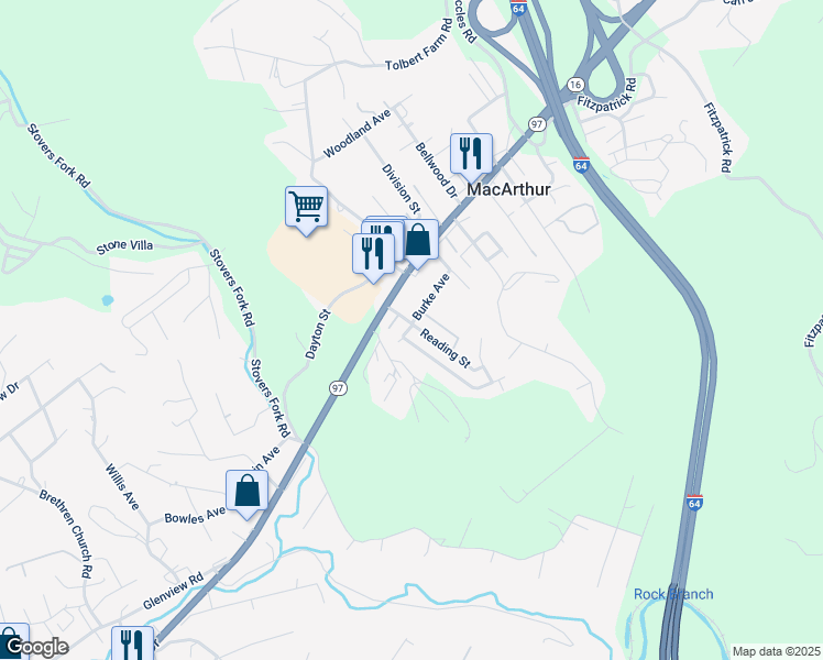map of restaurants, bars, coffee shops, grocery stores, and more near 206 Reading Street in Beckley