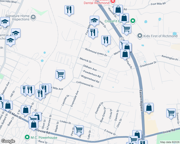 map of restaurants, bars, coffee shops, grocery stores, and more near 614 Oldham Avenue in Richmond