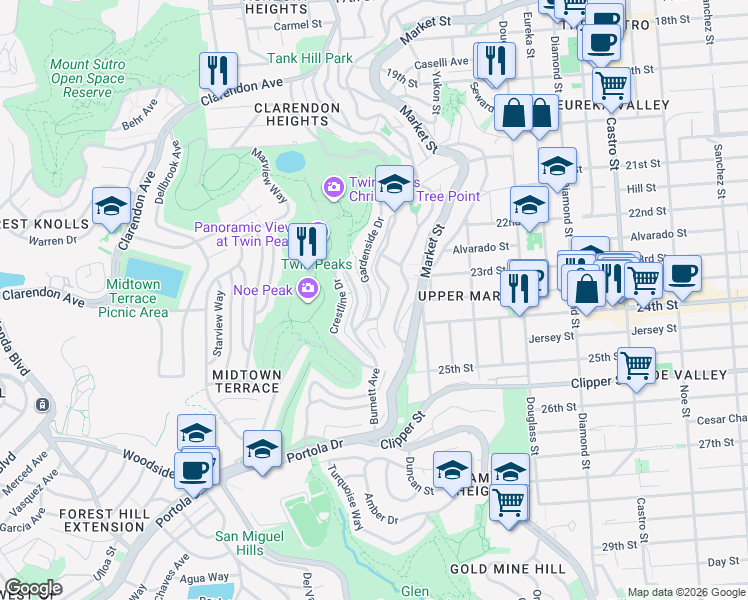 map of restaurants, bars, coffee shops, grocery stores, and more near 22 Gardenside Drive in San Francisco