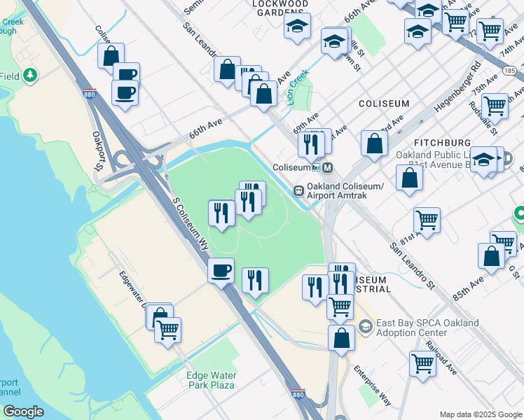 map of restaurants, bars, coffee shops, grocery stores, and more near 7000 Coliseum Way in Oakland