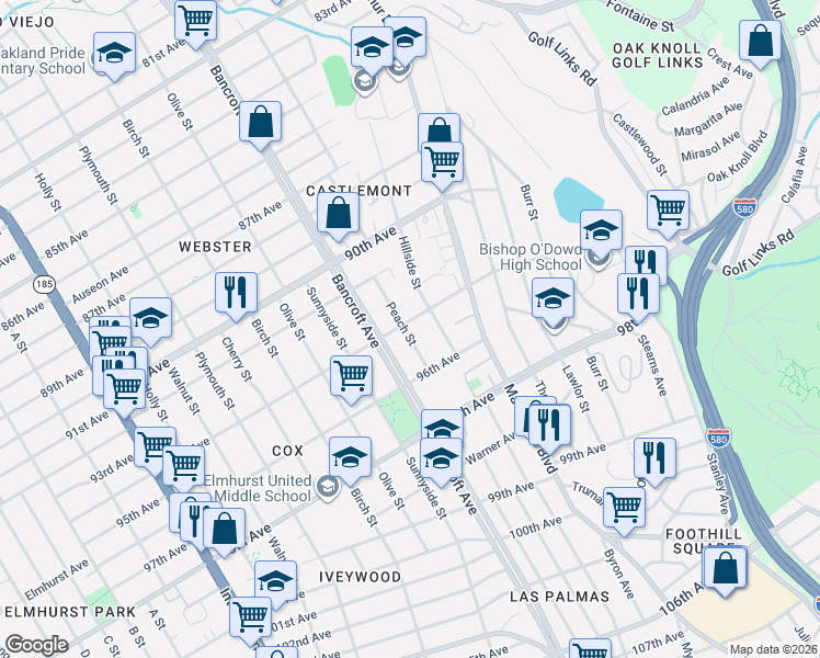 map of restaurants, bars, coffee shops, grocery stores, and more near 2301 94th Avenue in Oakland