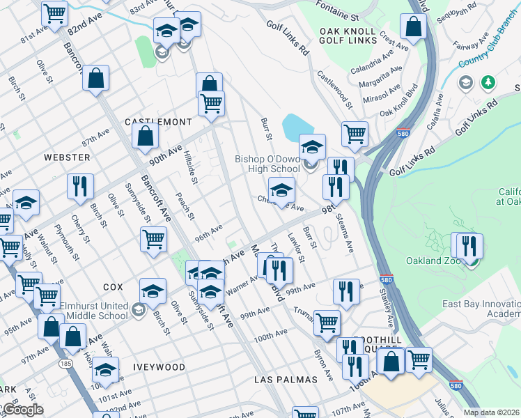 map of restaurants, bars, coffee shops, grocery stores, and more near 2507 Cherokee Avenue in Oakland