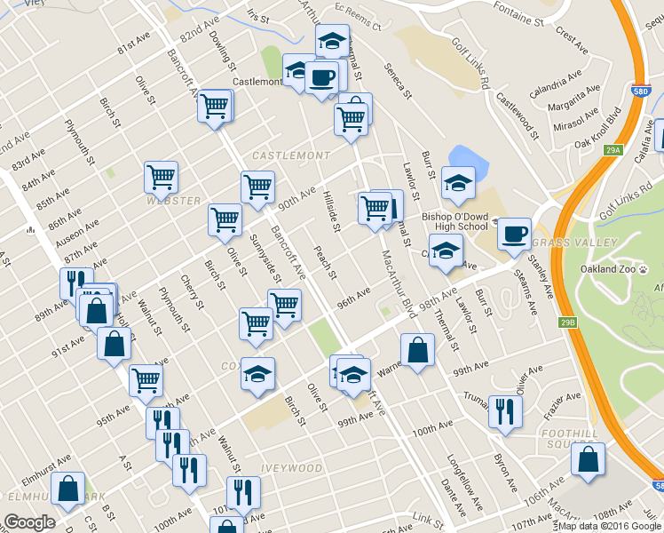 map of restaurants, bars, coffee shops, grocery stores, and more near 2301 94th Avenue in Oakland