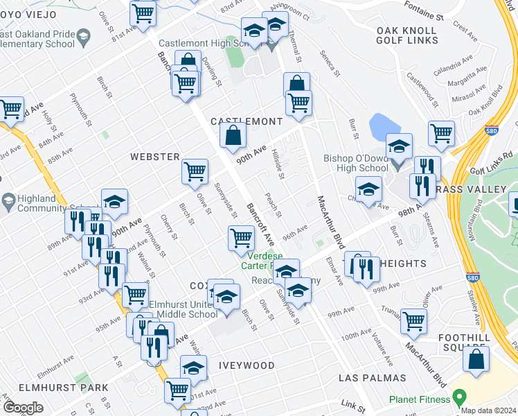 map of restaurants, bars, coffee shops, grocery stores, and more near 9301 Bancroft Avenue in Oakland