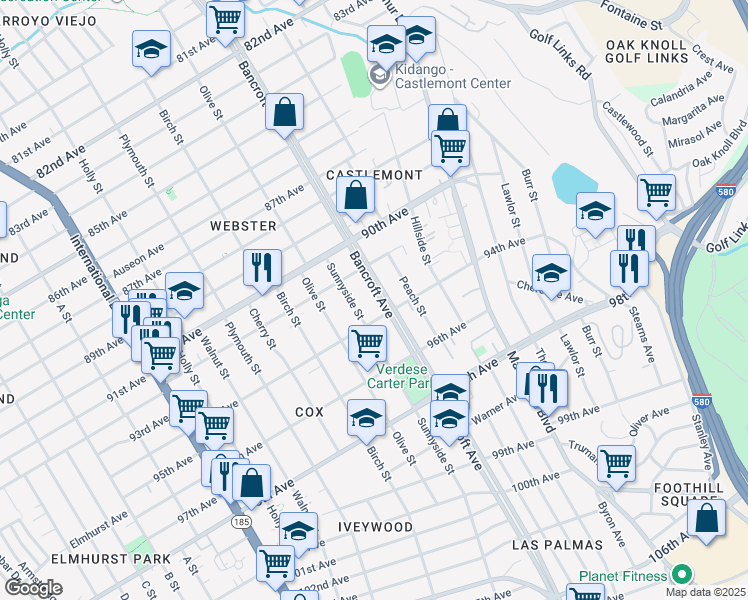 map of restaurants, bars, coffee shops, grocery stores, and more near 9301 Bancroft Avenue in Oakland