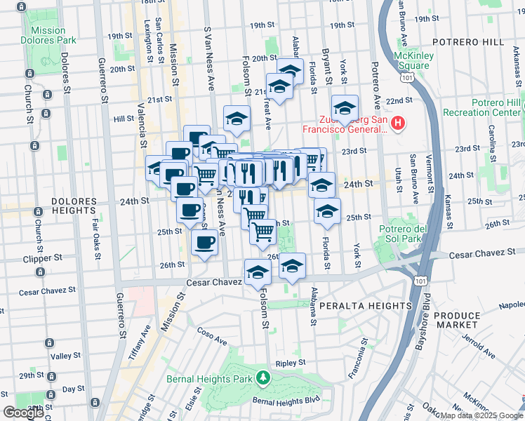 map of restaurants, bars, coffee shops, grocery stores, and more near in San Francisco