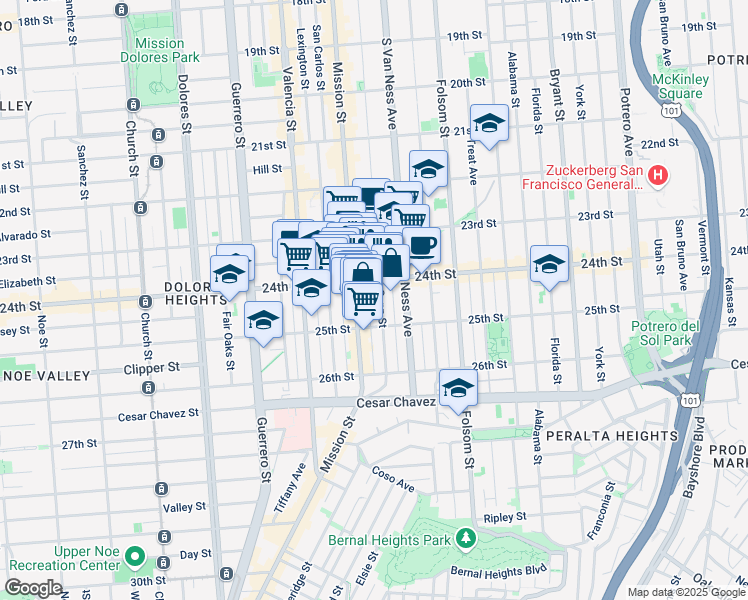 map of restaurants, bars, coffee shops, grocery stores, and more near 2829 Mission Street in San Francisco