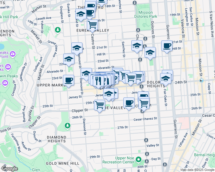 map of restaurants, bars, coffee shops, grocery stores, and more near 541 Elizabeth Street in San Francisco