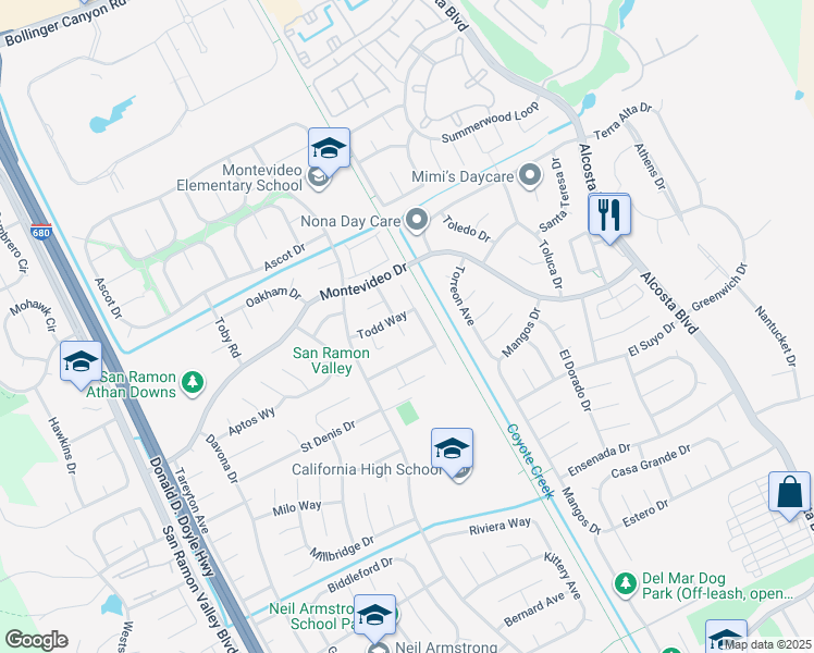 map of restaurants, bars, coffee shops, grocery stores, and more near 311 Foxboro Court in San Ramon