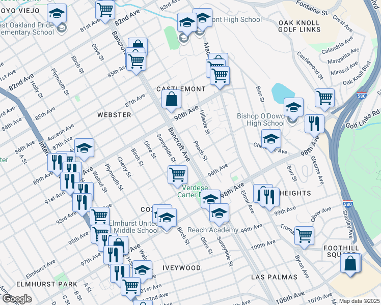 map of restaurants, bars, coffee shops, grocery stores, and more near 9326 Bancroft Avenue in Oakland