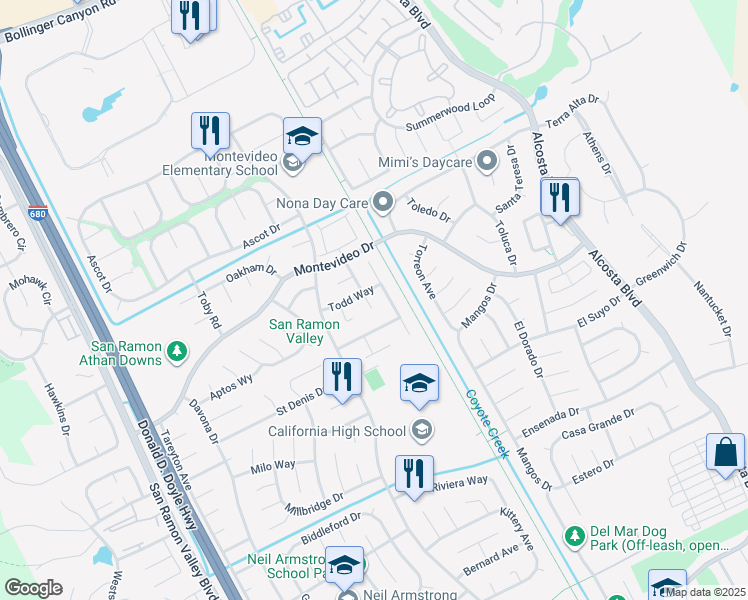 map of restaurants, bars, coffee shops, grocery stores, and more near 311 Foxboro Court in San Ramon