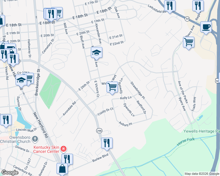 map of restaurants, bars, coffee shops, grocery stores, and more near 2708 Morningside Drive in Owensboro