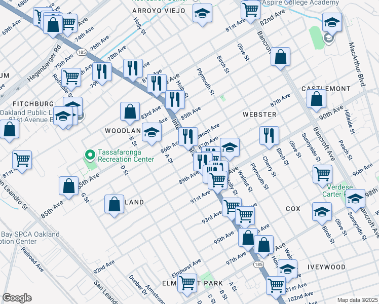 map of restaurants, bars, coffee shops, grocery stores, and more near 8701 International Boulevard in Oakland