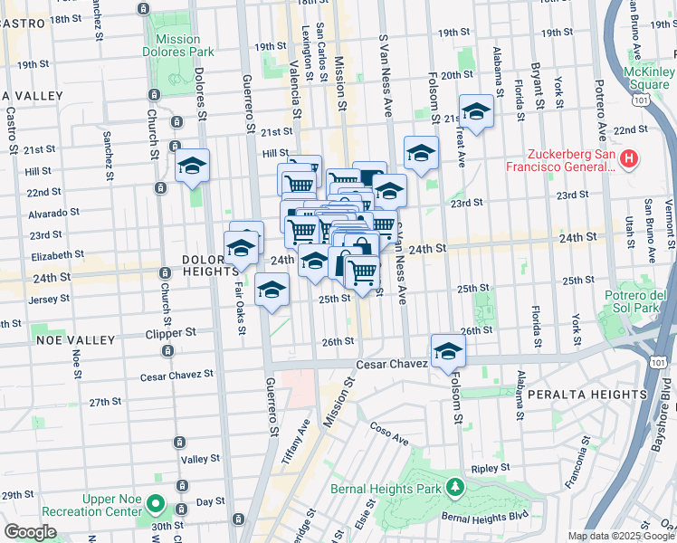 map of restaurants, bars, coffee shops, grocery stores, and more near 335 Bartlett Street in San Francisco