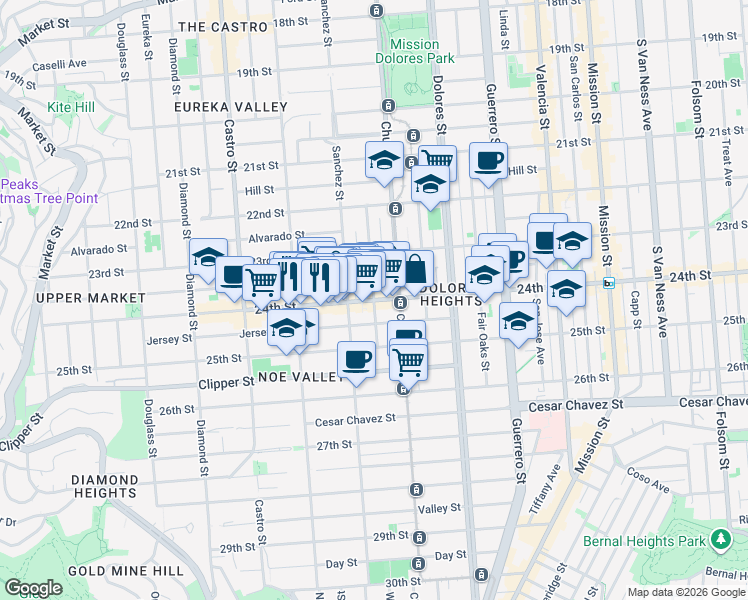 map of restaurants, bars, coffee shops, grocery stores, and more near 24th St & Vicksburg St in San Francisco