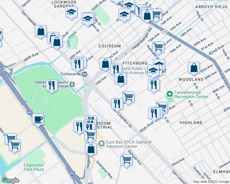 map of restaurants, bars, coffee shops, grocery stores, and more near 800-850 77th Ave in Oakland