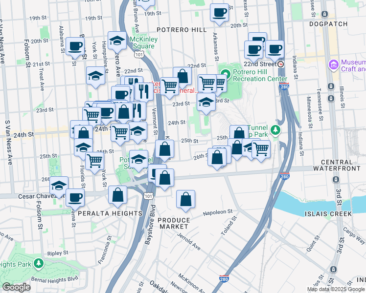 map of restaurants, bars, coffee shops, grocery stores, and more near 1423 Rhode Island Street in San Francisco