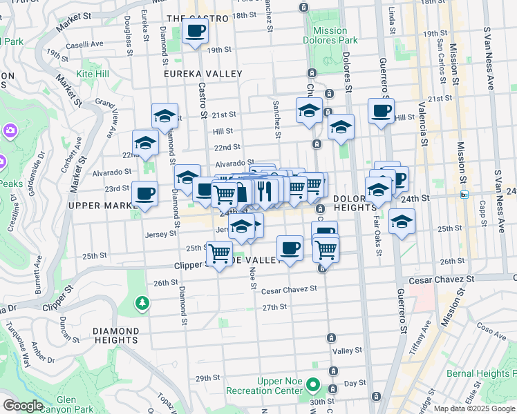 map of restaurants, bars, coffee shops, grocery stores, and more near 485 Elizabeth Street in San Francisco