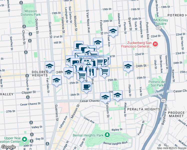 map of restaurants, bars, coffee shops, grocery stores, and more near 1349 South Van Ness Avenue in San Francisco