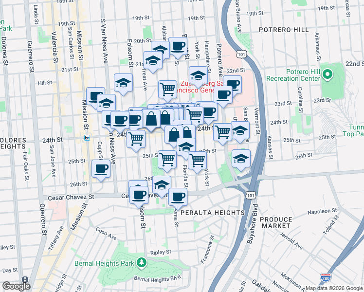 map of restaurants, bars, coffee shops, grocery stores, and more near 1266 Florida Street in San Francisco