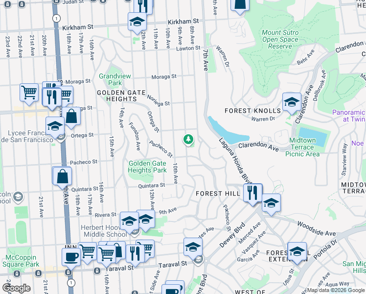 map of restaurants, bars, coffee shops, grocery stores, and more near 1943 9th Avenue in San Francisco