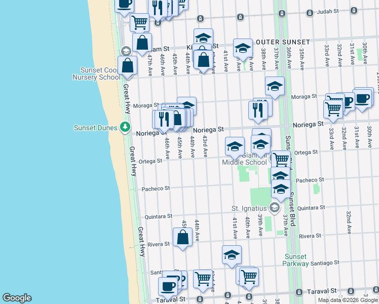 map of restaurants, bars, coffee shops, grocery stores, and more near 1855 44th Avenue in San Francisco