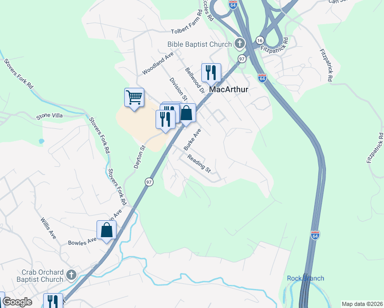 map of restaurants, bars, coffee shops, grocery stores, and more near 135 Diane Drive in Beckley