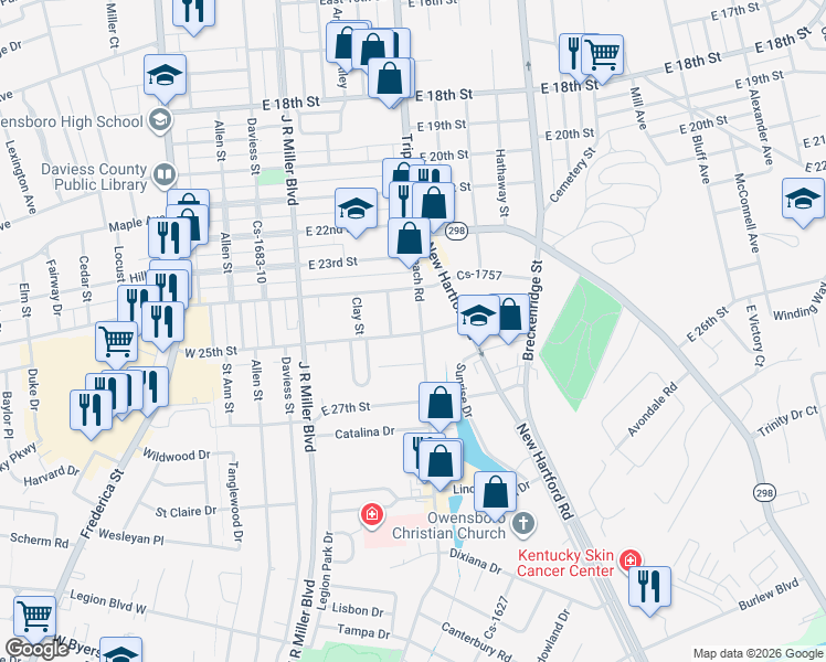 map of restaurants, bars, coffee shops, grocery stores, and more near 2425 Veach Rd in Owensboro