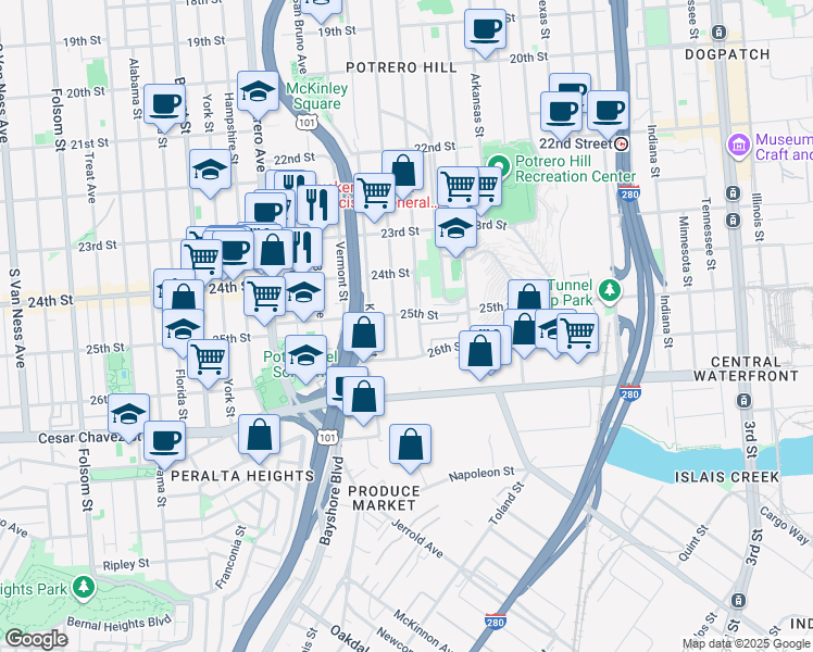 map of restaurants, bars, coffee shops, grocery stores, and more near 1423 Rhode Island Street in San Francisco