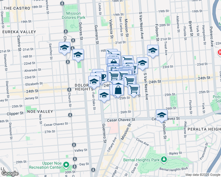 map of restaurants, bars, coffee shops, grocery stores, and more near 1306 Valencia Street in San Francisco