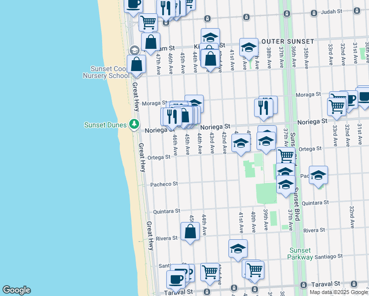 map of restaurants, bars, coffee shops, grocery stores, and more near 1871 45th Avenue in San Francisco