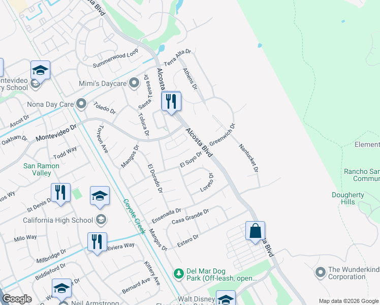 map of restaurants, bars, coffee shops, grocery stores, and more near 3376 Camarones Place in San Ramon