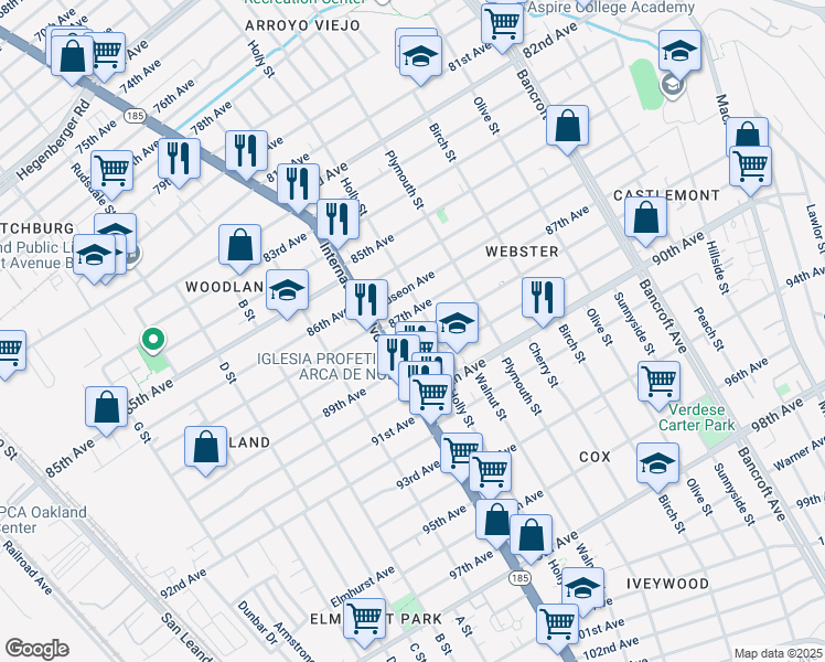 map of restaurants, bars, coffee shops, grocery stores, and more near 1441 88th Avenue in Oakland