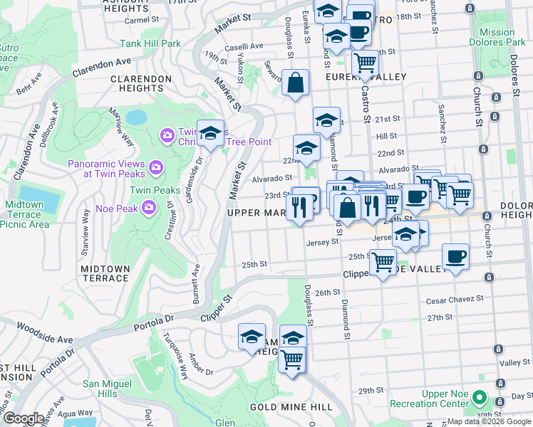 map of restaurants, bars, coffee shops, grocery stores, and more near Hoffman Avenue in San Francisco