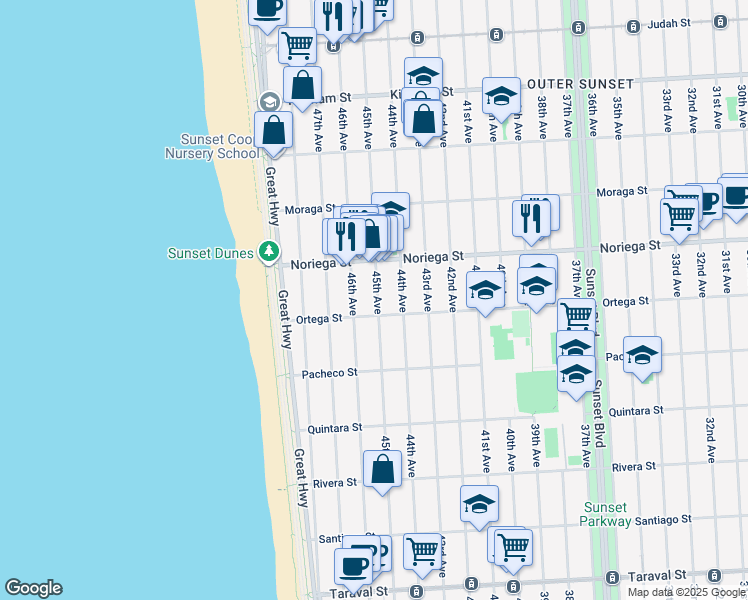 map of restaurants, bars, coffee shops, grocery stores, and more near 1871 45th Avenue in San Francisco