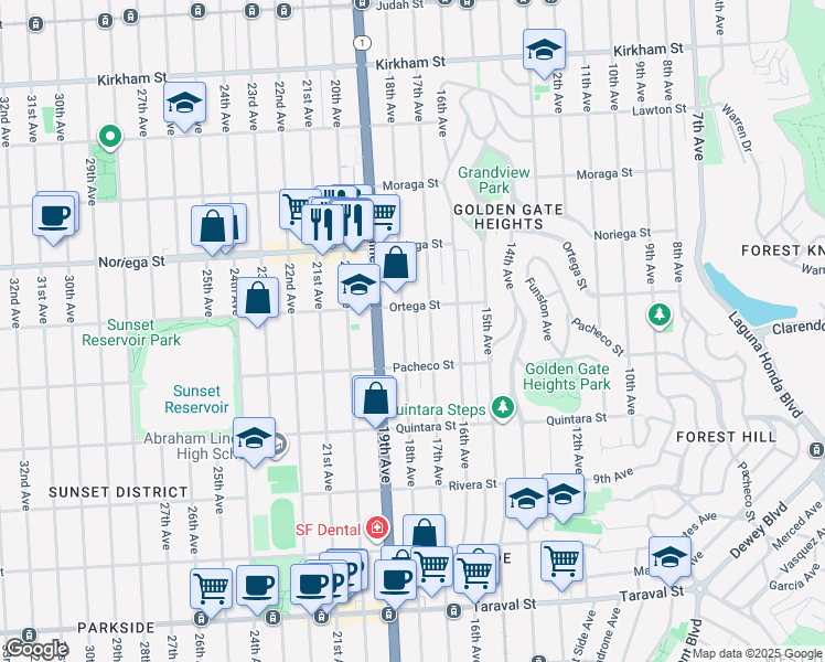 map of restaurants, bars, coffee shops, grocery stores, and more near 1918 18th Avenue in San Francisco