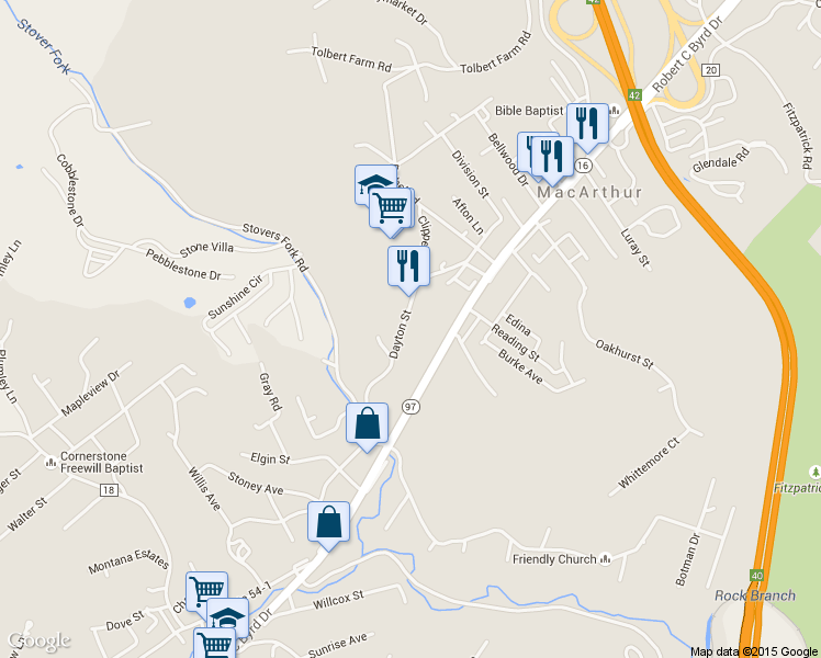 map of restaurants, bars, coffee shops, grocery stores, and more near 211 Dayton Street in Beckley
