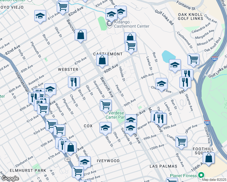 map of restaurants, bars, coffee shops, grocery stores, and more near 9326 Bancroft Avenue in Oakland