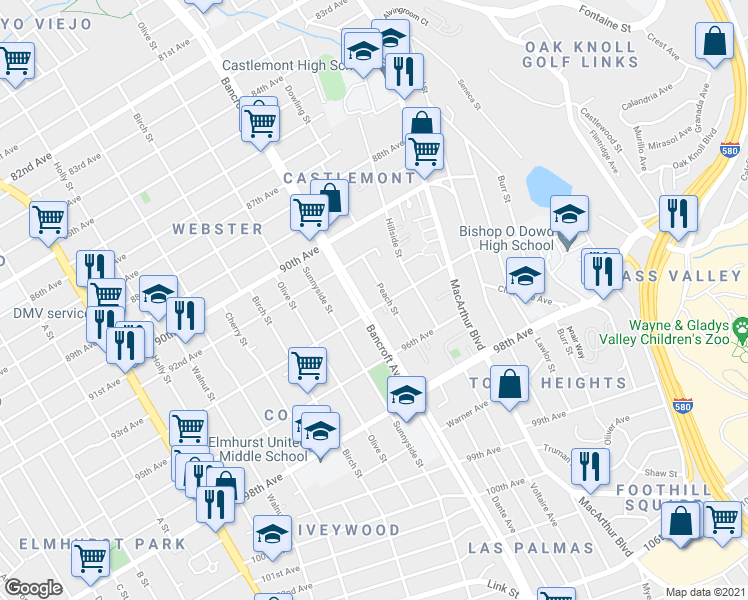 map of restaurants, bars, coffee shops, grocery stores, and more near 2301 94th Avenue in Oakland