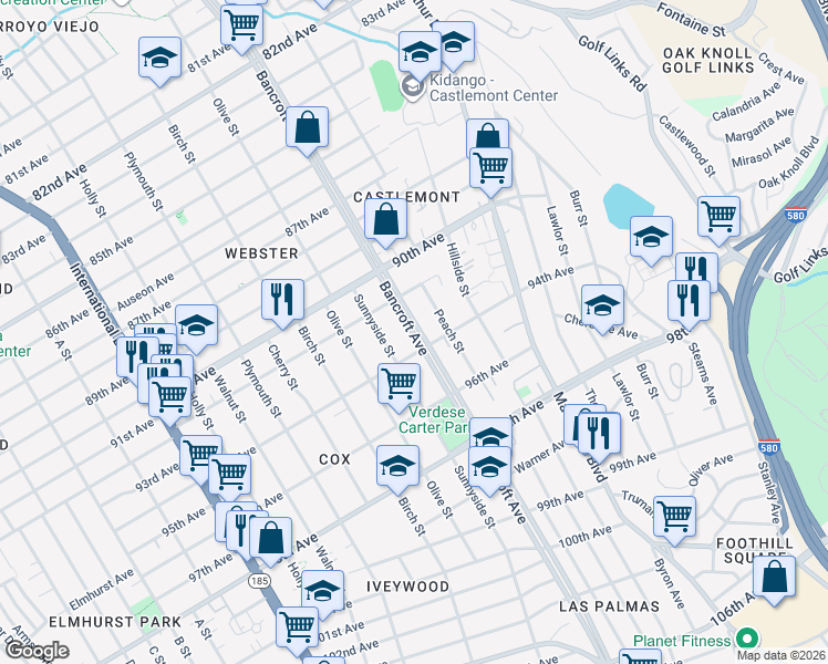 map of restaurants, bars, coffee shops, grocery stores, and more near 9301 Bancroft Avenue in Oakland