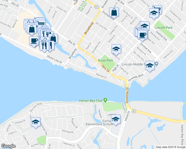 map of restaurants, bars, coffee shops, grocery stores, and more near 2904 Bayview Drive in Alameda