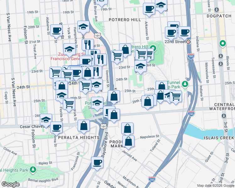 map of restaurants, bars, coffee shops, grocery stores, and more near in San Francisco