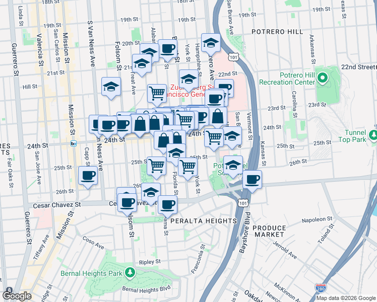 map of restaurants, bars, coffee shops, grocery stores, and more near 2647 Bryant Street in San Francisco