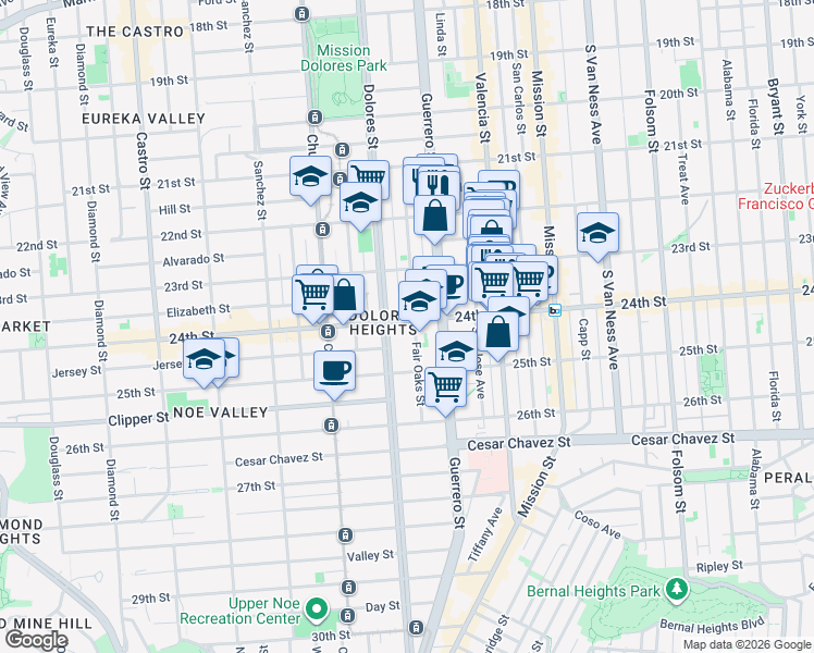 map of restaurants, bars, coffee shops, grocery stores, and more near 3651 24th Street in San Francisco
