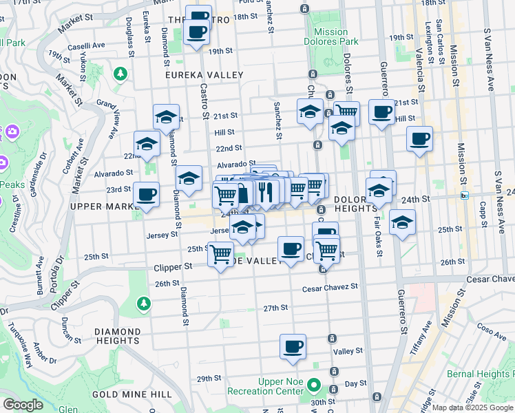 map of restaurants, bars, coffee shops, grocery stores, and more near 485 Elizabeth Street in San Francisco