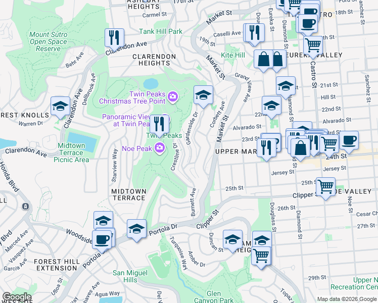 map of restaurants, bars, coffee shops, grocery stores, and more near 36 Gardenside Drive in San Francisco