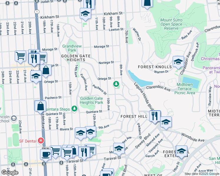 map of restaurants, bars, coffee shops, grocery stores, and more near 1943 9th Avenue in San Francisco
